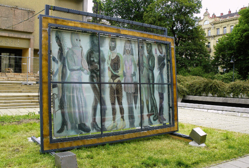 Vojtěch Míča and Jiří Petrbok, Princesses in Milk, from Gentle Prefabricates cycle, digital print, glass, metal, synthetic resin, fluorescent lamps, (concept co-authored by Petr Vaňous) Malinovského nám. – park